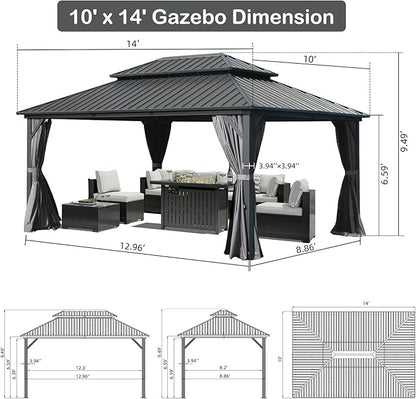 Domi Hardtop Gazebo 10x14FT, Aluminum Outdoor Gazebo with Galvanized Steel Double Roof Canopy, Curtains and Netting Included, Metal Gazebo Permanent Pavilion for Patio, Lawn, Garden, Gray