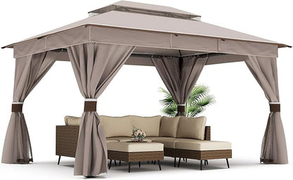 LAUSAINT HOME Outdoor Patio Gazebo 10'x13' with Expansion Bolts, Heavy Duty Party Tent & Shelter with Double Roofs, Mosquito Nettings and Privacy Screens for Backyard, Garden, Lawn