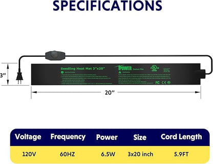 iPower 3" x 20" Seeding Heat Mat with Temperature Adjustable Knob and Thermometer, Durable Warm Hydroponic Plant Germination Starting Pad