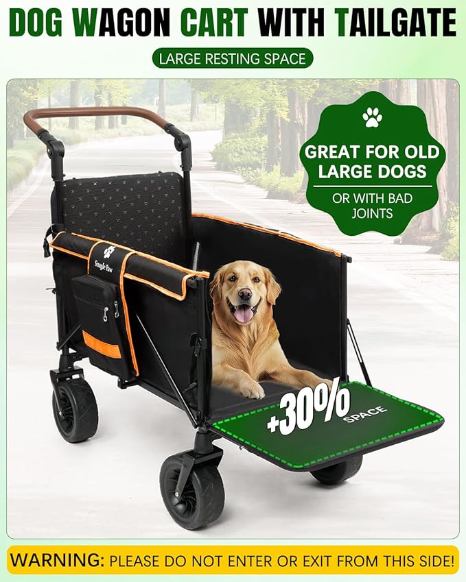 Snagle Paw Dog Wagon for Medium Large Dogs up to 200lbs | All Terrain Foldable Large Pet Stroller with Ramp & Tailgate (Extra Space), Dog Wagon Cart Adjustable Handle & One-Step Brake