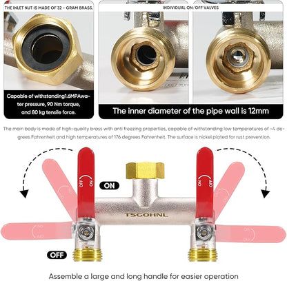 Garden Hose Splitter, 3/4” Rust and Freeze Resistant Outdoor Hose Manifold with 2 Red Extra Long Handles Faucet Adapter-Heavy Duty Brass Nickel Plated 2-Way Valve