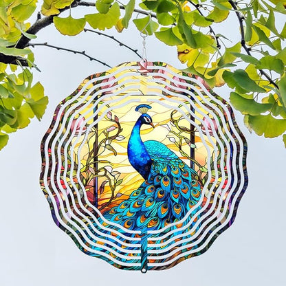 Peacock at Sunset Wind Spinner Stainless Steel Hanging Wind Spinners Mandala Kinetic Art 10 Inch Garden Decoration for Patios, Lawns, and Balconies