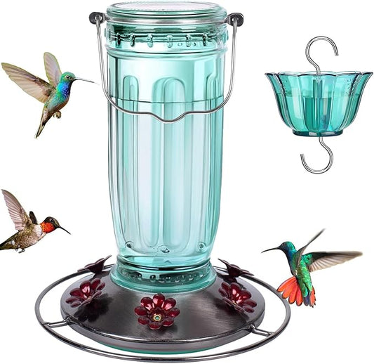 Kingsyard Glass Hummingbird Feeder for Outdoors Wild Bird Feeder with 6 Feeding Ports Hanging for Garden Yard, Green (Ant Moat Included)