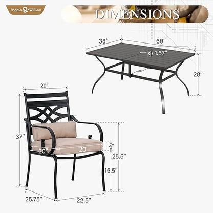 Sophia and William Outdoor Patio Dining Set for 6, Outdoor Table and Chairs, Removable Seat Cushions, 60" Black Patio Dining Table