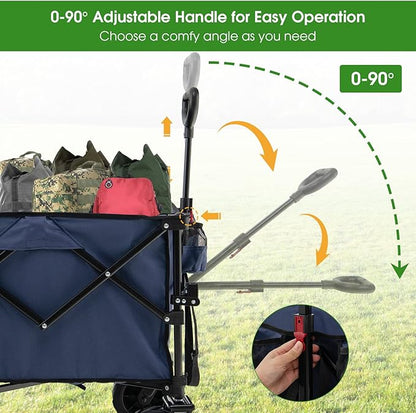 Goplus Collapsible Wagon Cart, Foldable Heavy Duty Utility Wagon with Adjustable Handle, Wide All Terrain Wheels, Cup Holder, Portable Garden Cart Beach Cart for Camping, Picnic (Blue)