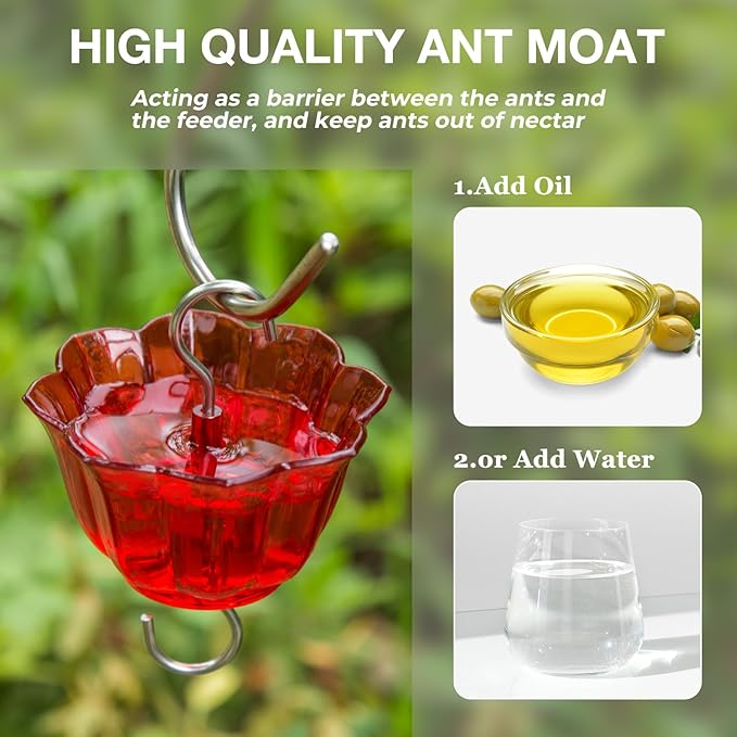 Kingsyard 2 Pack Glass Hummingbird Feeder for Outdoors, 16 Oz Wild Bird Feeder with 6 Feeding Ports Hanging for Garden Yard, Red (Ant Moat Included)