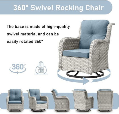 Wicker Rattan Patio Furniture Set - 7 Pieces Outdoor Couch with Swivel Chairs, Ottomans and Coffee Table for Deck, Poolside, Backyard - Light Grey/Light Blue