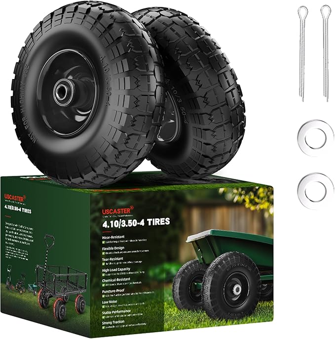 4.10/3.50-4 Tire and Wheel Flat Free,10-Inch Solid Wheel Replacement with 5/8 Bearings,2.2" Offset Hub -Compatible with Hand Truck,Wheelbarrow,Dolly(Black)