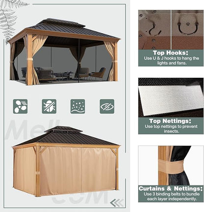 MELLCOM 12'x14' Wood Looking Hardtop Gazebo, Aluminum Frame and Galvanized Steel Double Roof, Metal Outdoor Gazebo with Curtains and Nettings for Deck Backyard and Patio