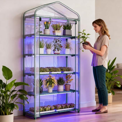 Indoor Greenhouse with Grow Light, 5-Tier 35.4"x19"x74.8" Mini Greenhouse with Roll-Up Zippered PVC Cover for Seed Starting Trays, Dimmable Grow Light Shelf for Indoor Plants with Timer