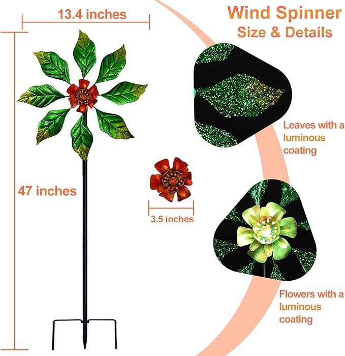 Glow-in-Dark Metal Wind Spinner for Yard and Garden, Outdoor Luminous Wind Spinners Yard Art Garden Decor (13.4" W x 47" H) Orange