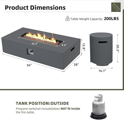 UPHA 56-inch Outdoor Propane Gas Fire Pit Table 50000 BTU Concrete Round FirePit for Outside Patio with Propane Tank Cover, Lava Rocks, Rain Cover, Grey