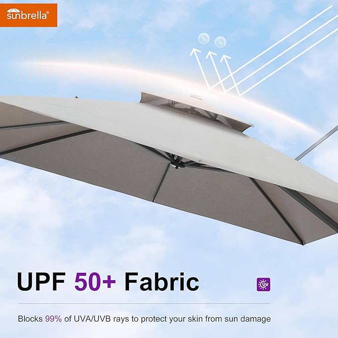 PURPLE LEAF 10 Feet Sunbrella Cantilever Umbrella Outdoor Double Top Deluxe Square Patio Offset Hanging Square Umbrella for Garden Pool Backyard Cast Ash
