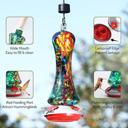 Glass Hummingbird Feeder for Outdoors: Window Hanging Hummingbirds Gifts for Women - Ant Moat Included, Metal Base with 4 Feeding Ports & Perch, Leak Proof, 38 fl.oz, Best Garden Decor