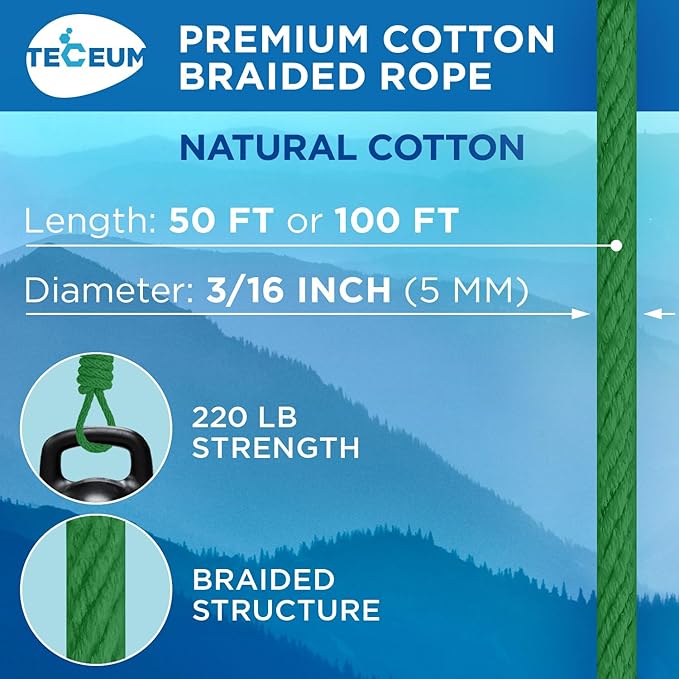 TECEUM Cotton Rope 3/16” (5 mm) – 100 FT – Strong All-Purpose Braided Rope – Natural Cotton – for Crafting, Сamping, Clothes Line, DIY, Indoor & Outdoor Use – Green