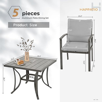 HAPPATIO 5-Piece Patio Outdoor Dining Set - All Aluminum Outdoor Patio Table and Chairs Set for 4 Includes 1 Square Dining Table and 4 Dining Chairs, Patio Outdoor Dining Set for Lawn or Garden