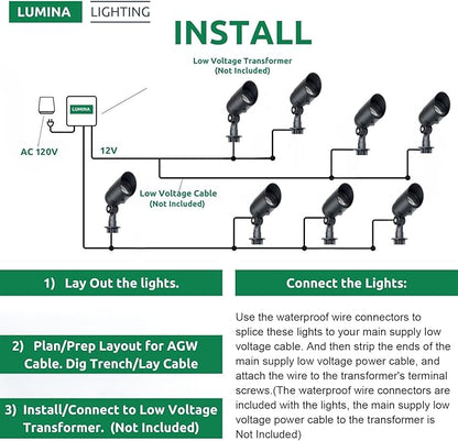 Lumina Lighting® 5W Landscape lighting 12V Landscape Lights Low Voltage Landscape Spotlights Warm White Waterproof Outdoor Replaceable LED Bulb for Garden, Lawn, Porch, Patio and Yard (Black) (6-Pack)