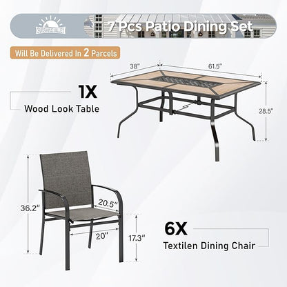 7 Pcs Patio Dining Set for 6, Metal Rectangular Dining Table (PVC Table Top) with Umbrella Hole and 6 Chairs, Outdoor Dining Set for Lawn Garden Deck, Brown
