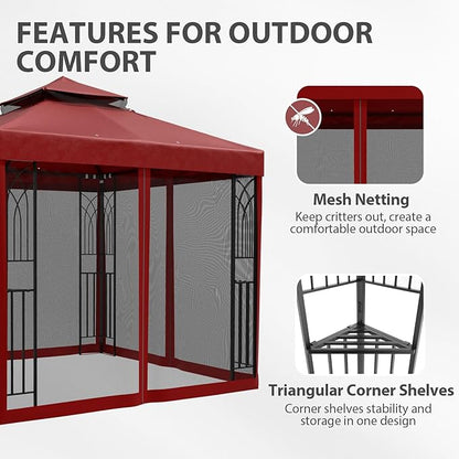EAGLE PEAK 8x8 Patio Gazebo with Mesh Netting, Double Roof Outdoor Pavilion with Corner Shelves for Lawn, Deck, Garden and Backyard, Red