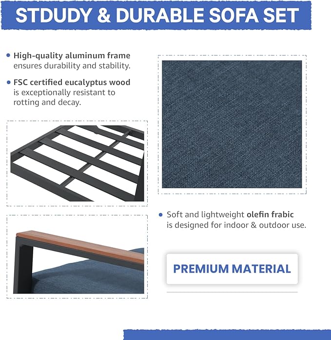 Soleil Jardin Aluminum Patio Furniture 3-Seater Couch, Outdoor 3 Seats Sofa with FSC Certified Solid Wood Top, Outdoor Conversation Set 3 Seater Deep Seating w/Removable Cushion, Denim Blue