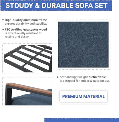 Soleil Jardin Aluminum Patio Furniture 3-Seater Couch, Outdoor 3 Seats Sofa with FSC Certified Solid Wood Top, Outdoor Conversation Set 3 Seater Deep Seating w/Removable Cushion, Denim Blue