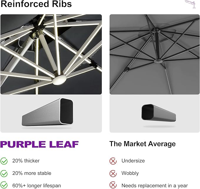 PURPLE LEAF 10' X 13' Solar Powered LED Patio Large Umbrella Offset Double Top Hanging Umbrella Outdoor Market Umbrella for Garden, Slate Gray