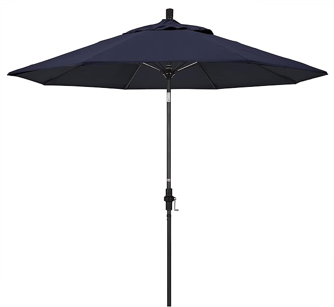 California Umbrella 9' Round Aluminum Pole Fiberglass Rib Market Umbrella, Crank Lift, Collar Tilt, Black Pole, Sunbrella Spectrum Mist