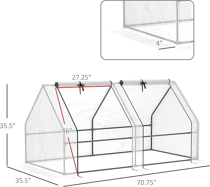 Outsunny 6' x 3' x 3' Mini Greenhouse with Zippered Doors & Roll-up Windows, Portable Plant Hot House with Durable PE Cover, Water Resistant, UV Protected for Outdoor Flowers, Vegetables, White