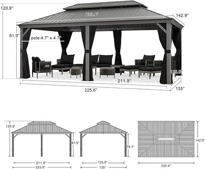 PURPLE LEAF 12' x 20' Permanent Hardtop Gazebo with Galvanized Steel Double Roof and Aluminum Frames Outdoor Large Pavilion Gazebo for Patio Deck Garden, Netting and Curtains Included, Light Grey