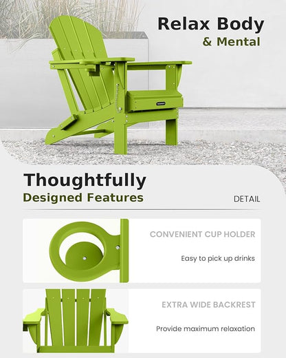 MUCHENGHY Folding Adirondack Chairs, Patio Chairs, Lawn Chairs, Outdoor Chair, Adirondack Chair Plastic, Fire Pit, Weather Resistant with Cup Holder for Deck, Backyard, Garden(Lemon Green)