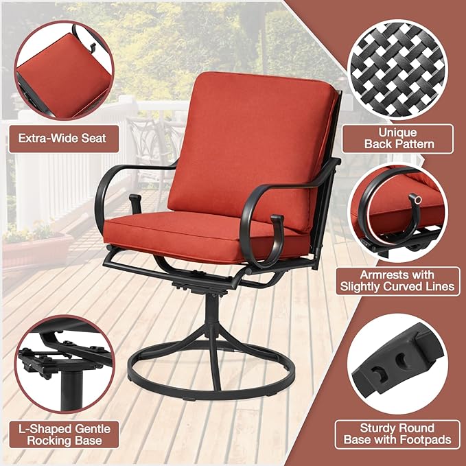 MELLCOM Patio Swivel Chair Set of 8, Heavy Duty Outdoor Dining Chairs with Thickened Cushions, Metal Patio Chairs Gentle Rocker for Outside, Garden Lawn & Porch, Backyard, Red