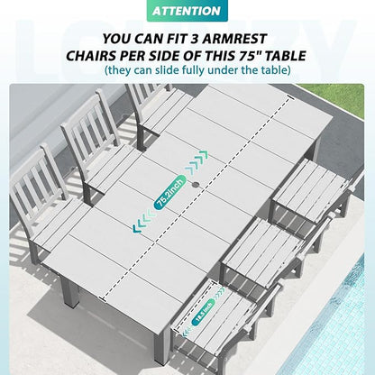 LOUNZY 9 Pieces Patio Dining Sets, Outdoor HDPE Furniture Set for 8 w/ 2" Hole Cut-Out Dining Table 75.2in with 8 Patio Chairs(2 W/Armrest, 6 w/o Armrest), White