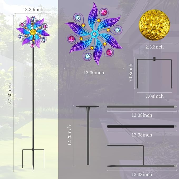 Metal Wind Spinner Outdoor, Purple Flowers Wind Sculpture Spinners with Metal Stake, Yard Art Decor for Patio, Lawn & Garden, Creative Gifts 57.5 * 13.3 Inch