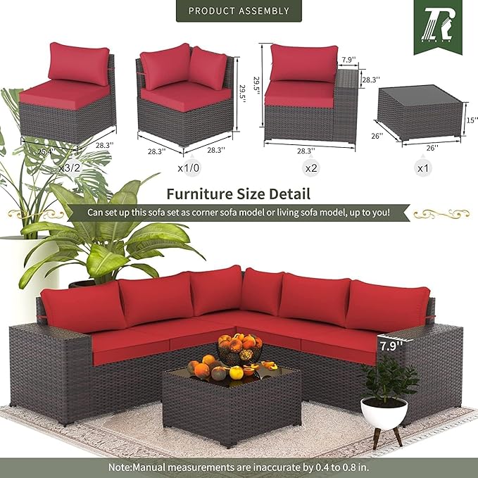 Outdoor Patio Furniture Set, 6 Pcs Outdoor Furniture All Weather Patio Sectional Sofas PE Wicker Modular Conversation Set with Coffee Table,5 Chairs & Seat Clips Red