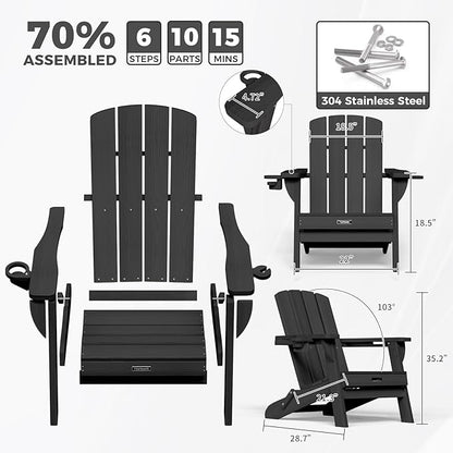 Folding Adirondack Chair with Wood Texture, HDPE All-Weather Fire Pit Chairs, Plastic Adirondack Chairs with 2 Cup Holder, Outdoor Lawn Chair for Patio Garden (Black)