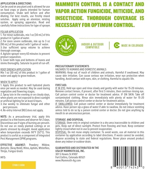 Mammoth Control - Concentrated Miticide, Fungicide and Insecticide - Made with Thyme Oil (1 Gallon)