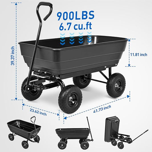 Yesker Garden Carts - 900lbs Dump Wagon with All Terrain Inflatable Wheels for Yard Lawn Farms Gardening - Heavy Duty Utility Outdoor Hauling Wheelbarrow
