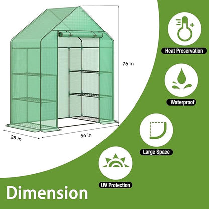 Greenhouse, 56 x 28 x 76'' Heavy Duty Greenhouses for Outdoors, Green House with Roll-Up Door Thicken PE Cover, Portable Walk-in Green Houses for Outside with 3 Tier 4 Shelves