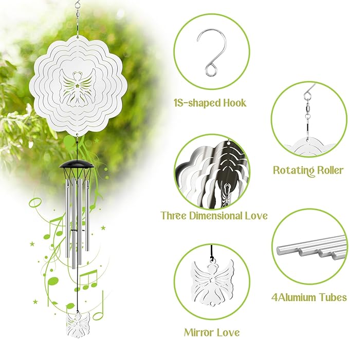 Wind Chimes with Angel Wind Spinner, Outdoor Garden Decor Wind Spinner, Gifts for Women, Mom, Retirement, Teacher, Parents Birthday, Memorial Gift for Garden Porch Patio Home Decor