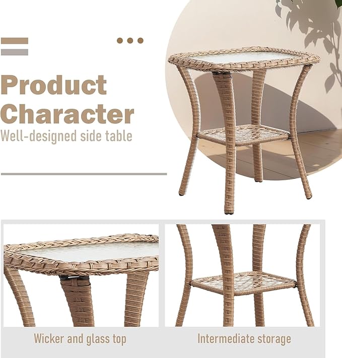 Outdoor Side Tables for Patio, Wicker/Rattan End Tables, Outdoor Wicker Side Table, Yellow Rattan Glass Top Patio Side Table