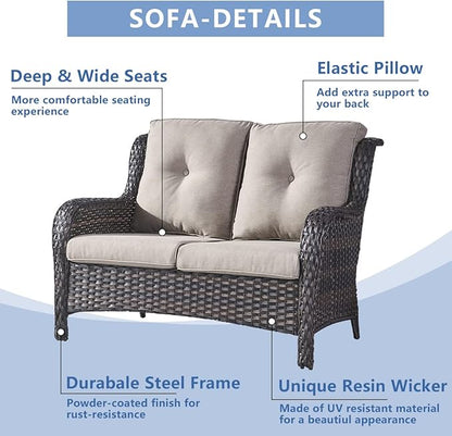 HUMMUH Outdoor Loveseat Sofa 2-Seat PE Rattan Patio Love Seat with Cushions,Deep Seat High Curved Back Armset Sectional Couch for Patio,Garden,Yard,Porch