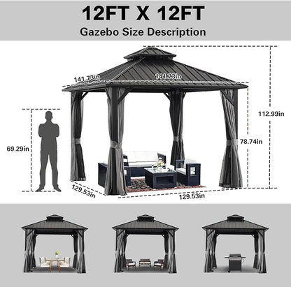 Endark 12x12FT Outdoor Hardtop Double Roof Gazebo with Galvanized Steel Roof, Heavy Duty Metal Frame Canopy with Mosquito Netting and Privacy Curtains (12 * 12FT)