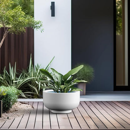 Kante 13.8 Inch Dia Concrete Bowl Planter, Large Tapered Bottom Plant Pot with Drainage, Smooth White Finish with Aqua Blue Interior, Ideal for Porch, Home, Garden, Patio