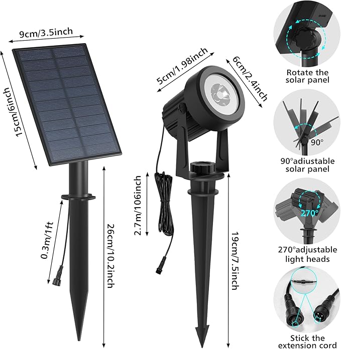 RGB Solar Spot Lights Outdoor,2 Pack Color Changing Solar Landscape Spotlights IP65 Waterproof 9.8ft Cable, Auto On/Off Outdoor Wall Lights for Garden Yard Driveway Porch Walkway Pool (1-in-1)