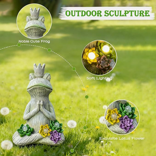 Large Garden Statue Yoga Frog Sustainable Eco-Friendly Solar Lights with LED Sustainability Sculpture Courtyard Balcony Home Decoration（12" Tall
