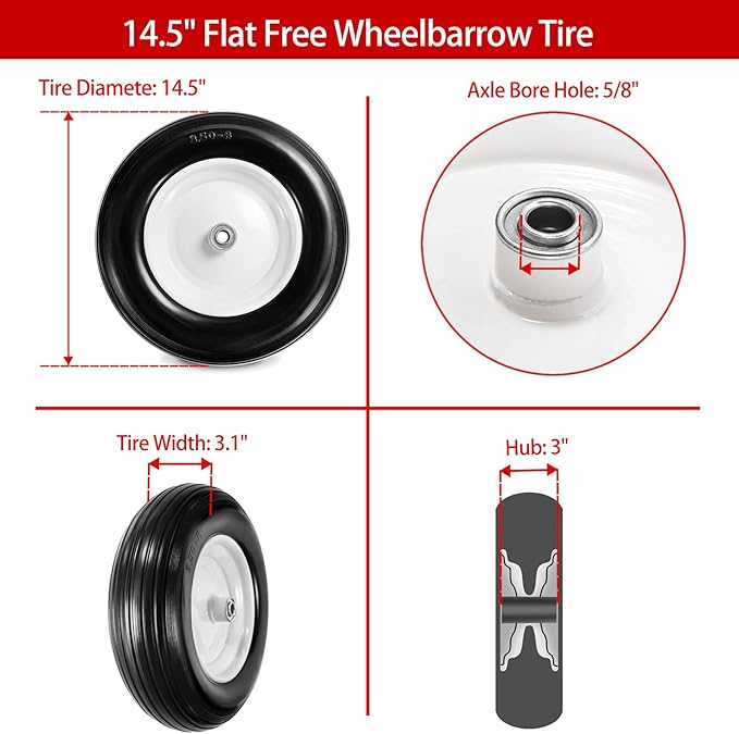 14.5" Wheelbarrow Tires Fits 3.50/2.50-8, 4.00-6, 4.00-8, 4.80/4.00-8 Flat Free Tire with 3" - 6" Centered Hub, 3/4" or 5/8" Bushing, Universal Replacement Wheelbarrow Wheels, 1 Pack