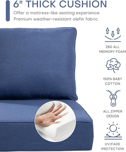 Luxury 22x24/22x25 6-Inch Outdoor Seat Cushions - Set of 2 Water Resistant Patio Chair Comfortable Cushion for Porch Rattan Dining Rocker Glider Loveseat Couch Sectional Sofa - Navy Blue