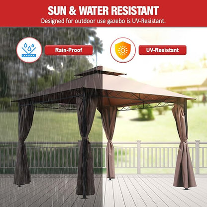 10'x10' Outdoor Patio Canopy Rain-Proof Pop Up Gazebo UV-Resistant Canopy Tent with Double Roof Tops Curtain for Backyard, Patio and Garden, Brown