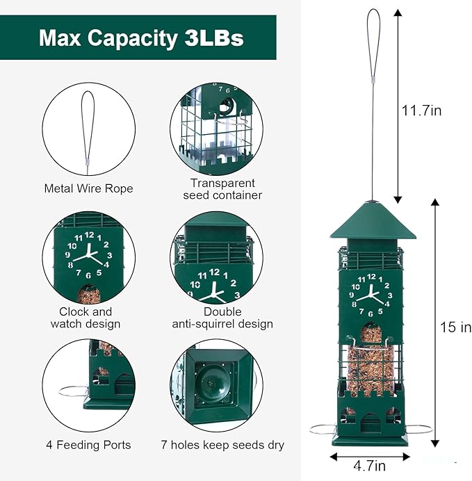 Squirrel Proof Bird Feeders Metal Mesh Anti Squirrels Wild Bird Feeder for Outdoors Hanging Weight Activated Waterproof for Finch Cardinal and Chickadee Easy to Fill, Decor Backyard (Green)