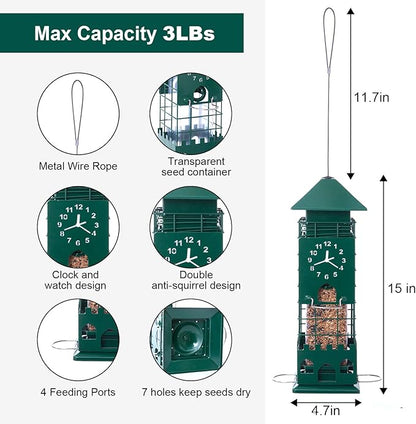 Squirrel Proof Bird Feeders Metal Mesh Anti Squirrels Wild Bird Feeder for Outdoors Hanging Weight Activated Waterproof for Finch Cardinal and Chickadee Easy to Fill, Decor Backyard (Green)